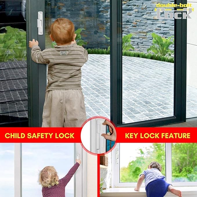 CAL Double Bolt Lock - Sliding Patio Door Locks - Child Proof Sliding Door Lock with Anti Lift Security Lock - Replaces Sliding Door Security Bar - Adjustable & Fits Most Doors