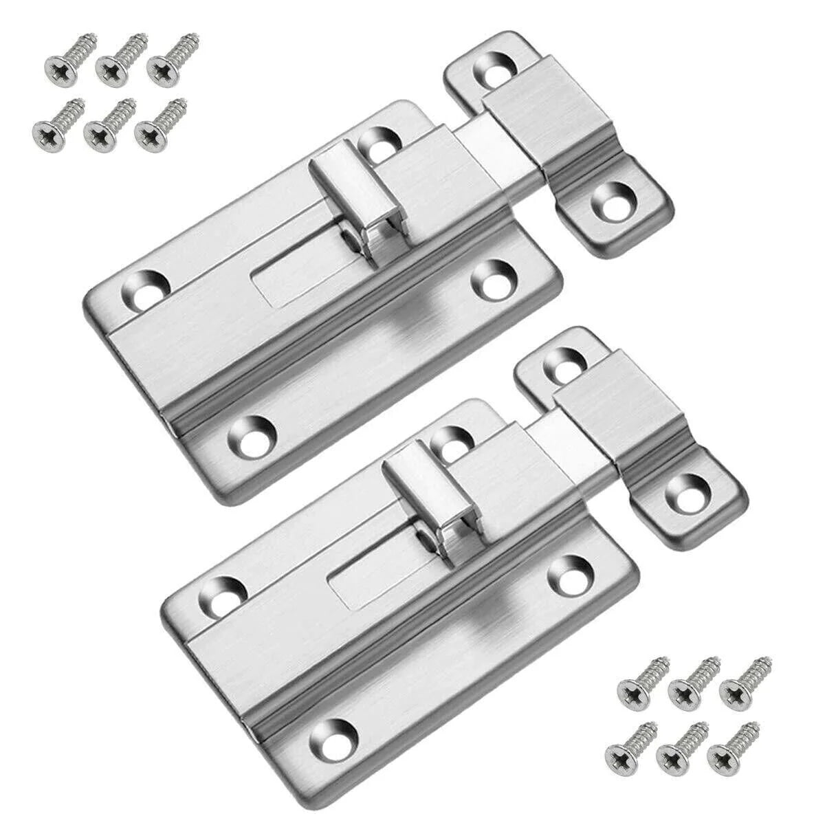 2Pcs Stainless Steel Latch Sliding Silver Doors Lock Keyless Door Bolt for Doors